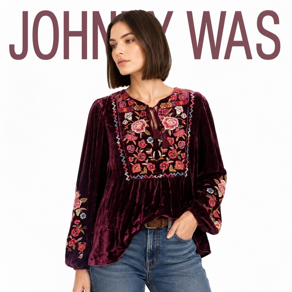 Johnny Was Eggplant Purple Velvet Embroidered Prairie Blouse J16225-9 Medium